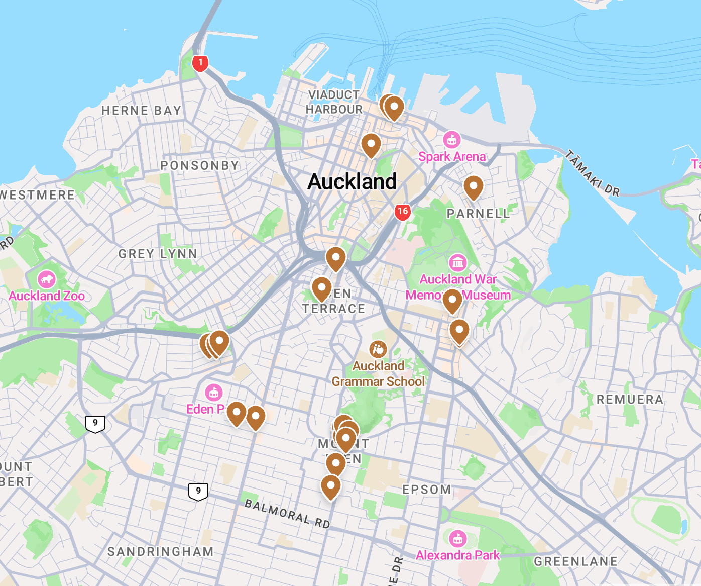 Map of work-friendly cafés in Auckland